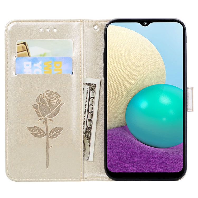 For Samsung Galaxy A02 (EU Version) Rose Embossed Horizontal Flip PU Leather Case with Holder & Card Slots & Wallet