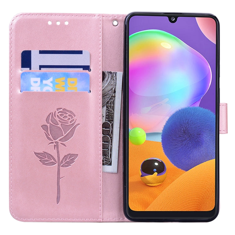 For Samsung Galaxy A42 5G Rose Embossed Horizontal Flip PU Leather Case with Holder & Card Slots & Wallet