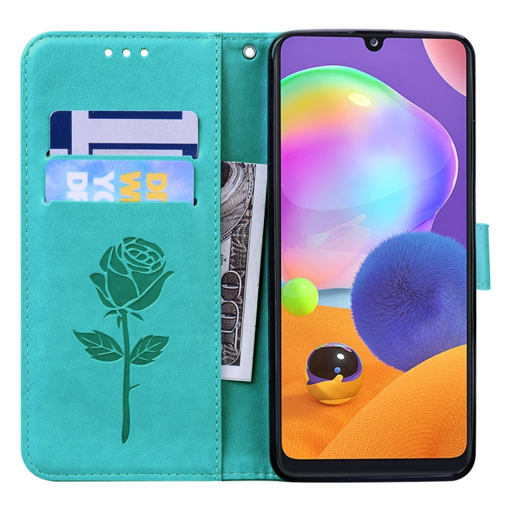 For Samsung Galaxy A42 5G Rose Embossed Horizontal Flip PU Leather Case with Holder & Card Slots & Wallet