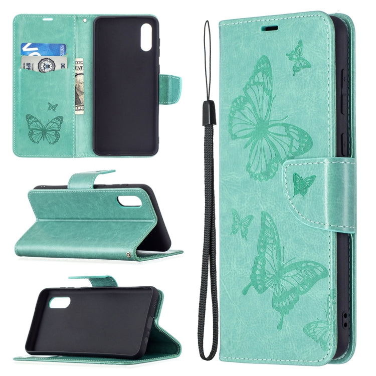 For Samsung Galaxy A02 Embossing Two Butterflies Pattern Horizontal Flip PU Leather Case with Holder & Card Slot & Wallet & Lanyard