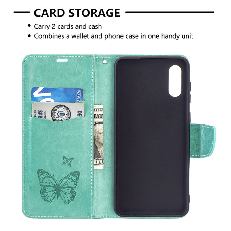 For Samsung Galaxy A02 Embossing Two Butterflies Pattern Horizontal Flip PU Leather Case with Holder & Card Slot & Wallet & Lanyard