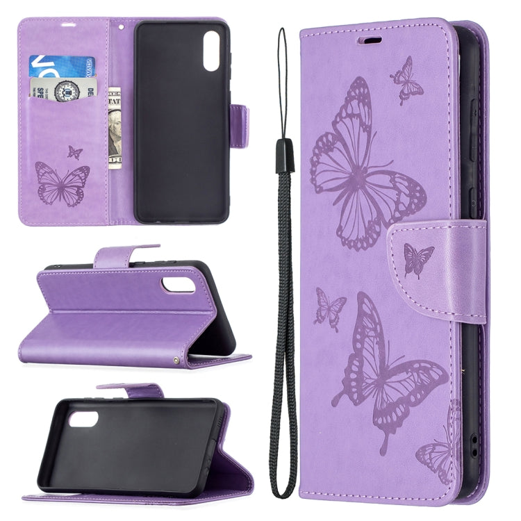 For Samsung Galaxy A02 Embossing Two Butterflies Pattern Horizontal Flip PU Leather Case with Holder & Card Slot & Wallet & Lanyard