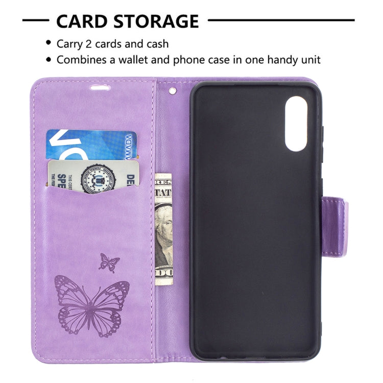 For Samsung Galaxy A02 Embossing Two Butterflies Pattern Horizontal Flip PU Leather Case with Holder & Card Slot & Wallet & Lanyard
