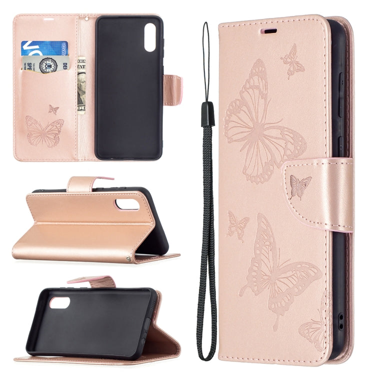 For Samsung Galaxy A02 Embossing Two Butterflies Pattern Horizontal Flip PU Leather Case with Holder & Card Slot & Wallet & Lanyard