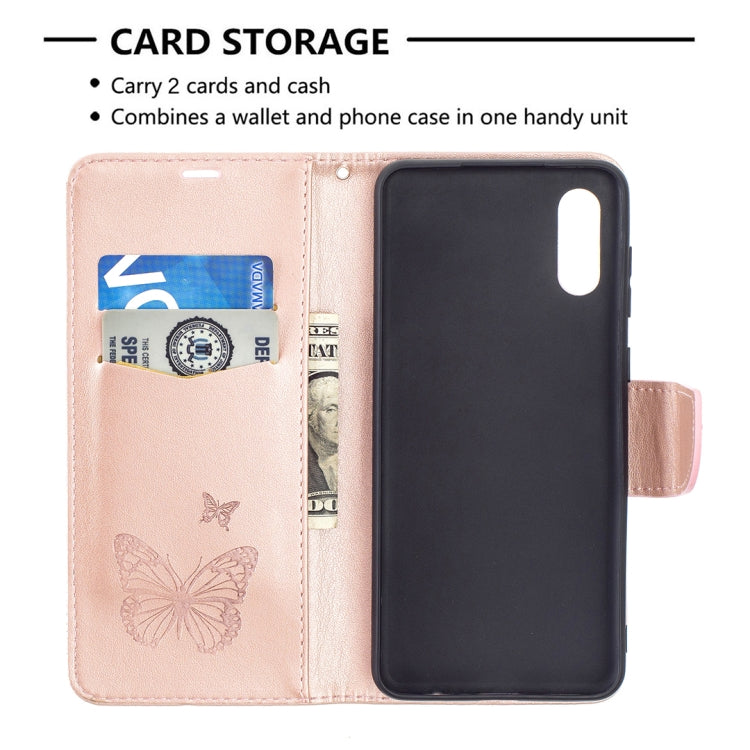 For Samsung Galaxy A02 Embossing Two Butterflies Pattern Horizontal Flip PU Leather Case with Holder & Card Slot & Wallet & Lanyard