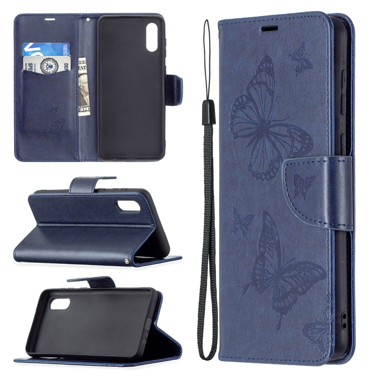 For Samsung Galaxy A02 Embossing Two Butterflies Pattern Horizontal Flip PU Leather Case with Holder & Card Slot & Wallet & Lanyard