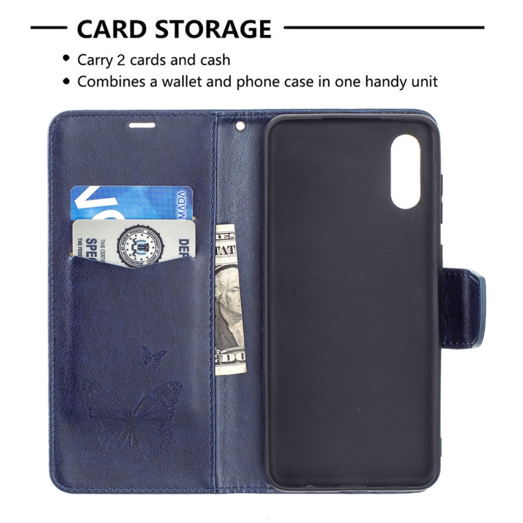 For Samsung Galaxy A02 Embossing Two Butterflies Pattern Horizontal Flip PU Leather Case with Holder & Card Slot & Wallet & Lanyard