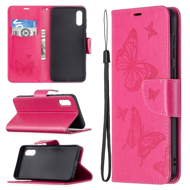 For Samsung Galaxy A02 Embossing Two Butterflies Pattern Horizontal Flip PU Leather Case with Holder & Card Slot & Wallet & Lanyard