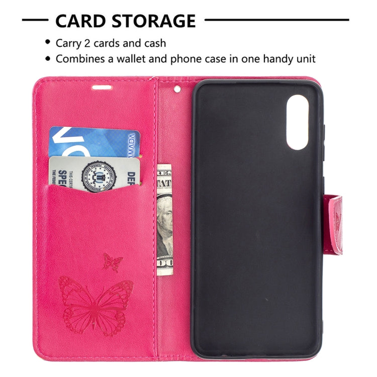 For Samsung Galaxy A02 Embossing Two Butterflies Pattern Horizontal Flip PU Leather Case with Holder & Card Slot & Wallet & Lanyard
