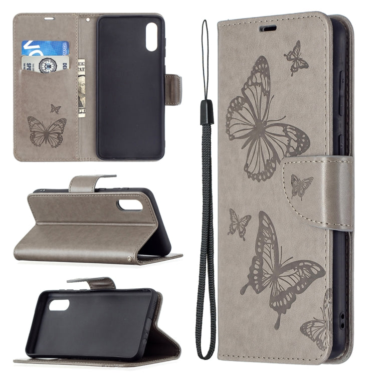 For Samsung Galaxy A02 Embossing Two Butterflies Pattern Horizontal Flip PU Leather Case with Holder & Card Slot & Wallet & Lanyard