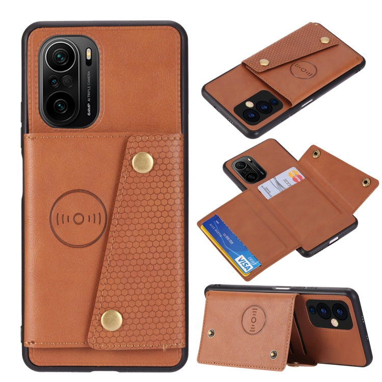 For Xiaomi Redmi K40 Double Buckle PU + TPU Shockproof Magnetic Protective Case with Card Slot & Holder