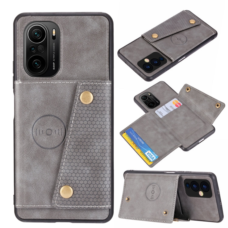 For Xiaomi Redmi K40 Double Buckle PU + TPU Shockproof Magnetic Protective Case with Card Slot & Holder