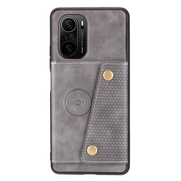 For Xiaomi Redmi K40 Double Buckle PU + TPU Shockproof Magnetic Protective Case with Card Slot & Holder
