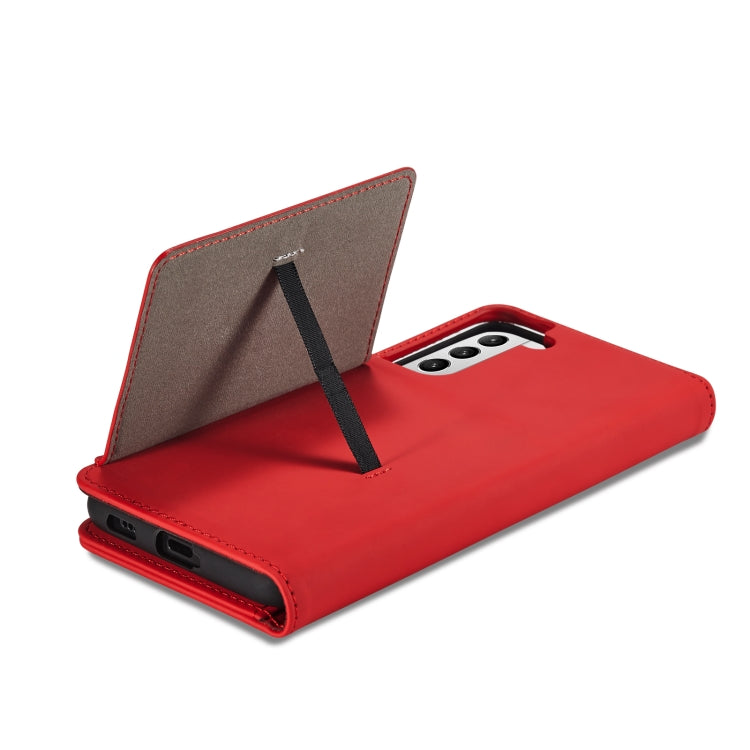 For Samsung Galaxy S21 FE Strong Magnetism Liquid Feel Horizontal Flip Leather Case with Holder & Card Slots & Wallet