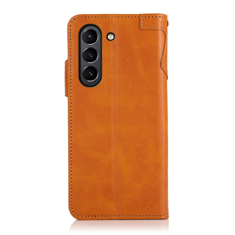 For Samsung Galaxy S21 FE KHAZNEH Dual-Splicing Cowhide Texture Horizontal Flip Leather Case with Holder & Card Slots & Wallet & Lanyard
