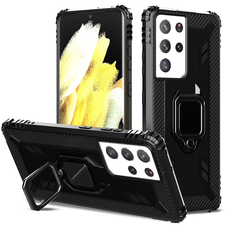 For Samsung Galaxy S21 Ultra 5G Carbon Fiber Protective Case with 360 Degree Rotating Ring Holder
