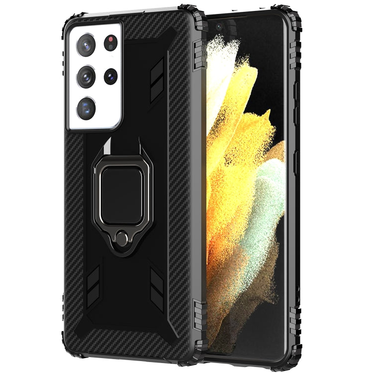 For Samsung Galaxy S21 Ultra 5G Carbon Fiber Protective Case with 360 Degree Rotating Ring Holder