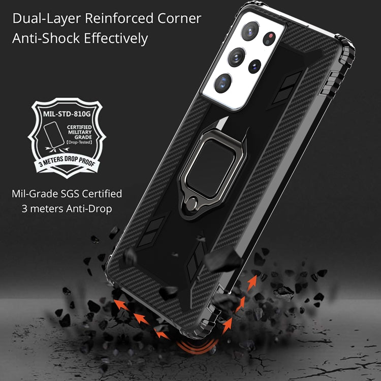 For Samsung Galaxy S21 Ultra 5G Carbon Fiber Protective Case with 360 Degree Rotating Ring Holder