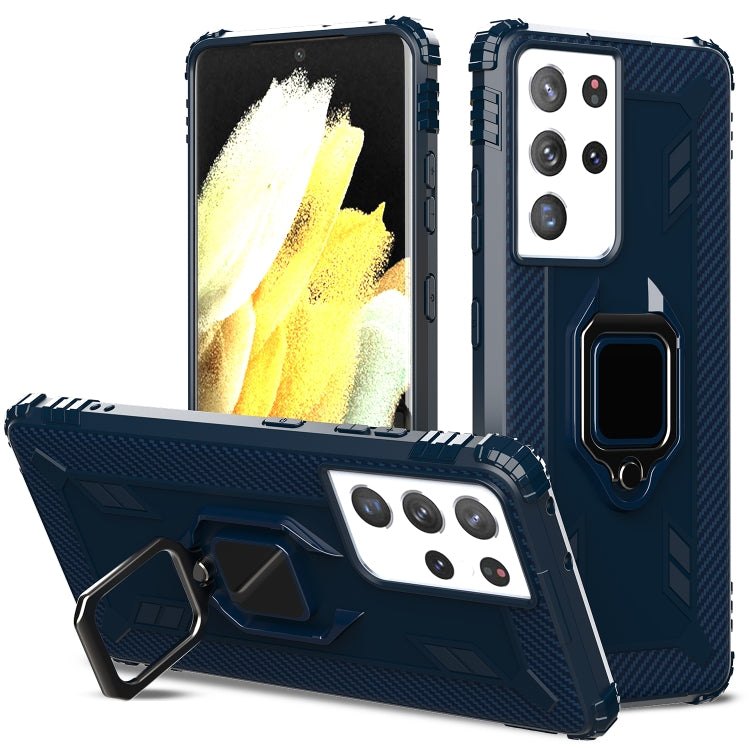For Samsung Galaxy S21 Ultra 5G Carbon Fiber Protective Case with 360 Degree Rotating Ring Holder