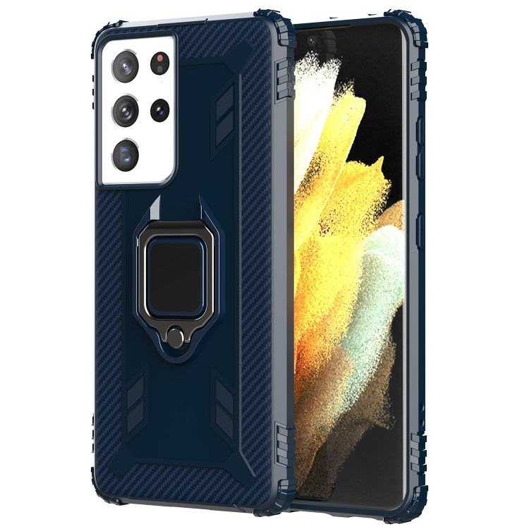 For Samsung Galaxy S21 Ultra 5G Carbon Fiber Protective Case with 360 Degree Rotating Ring Holder