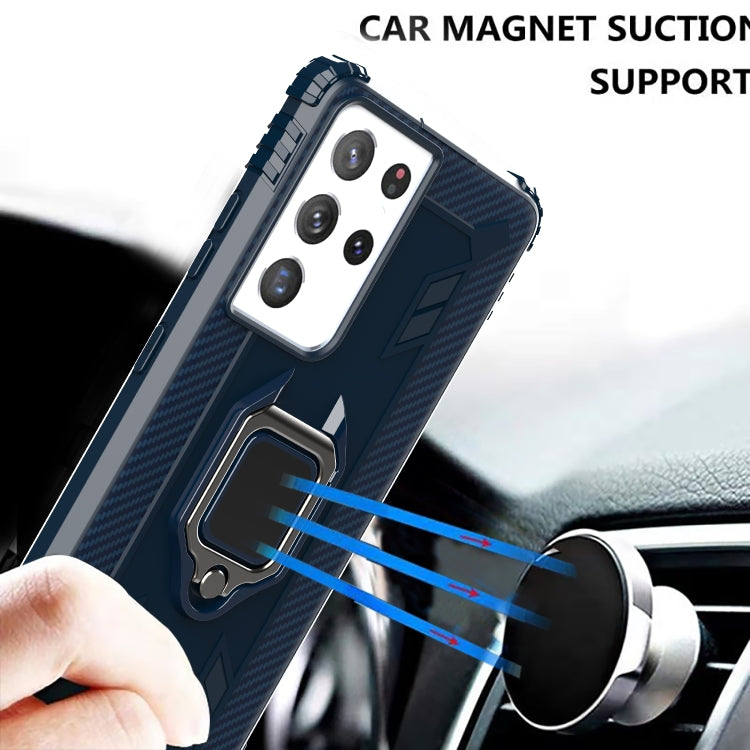 For Samsung Galaxy S21 Ultra 5G Carbon Fiber Protective Case with 360 Degree Rotating Ring Holder