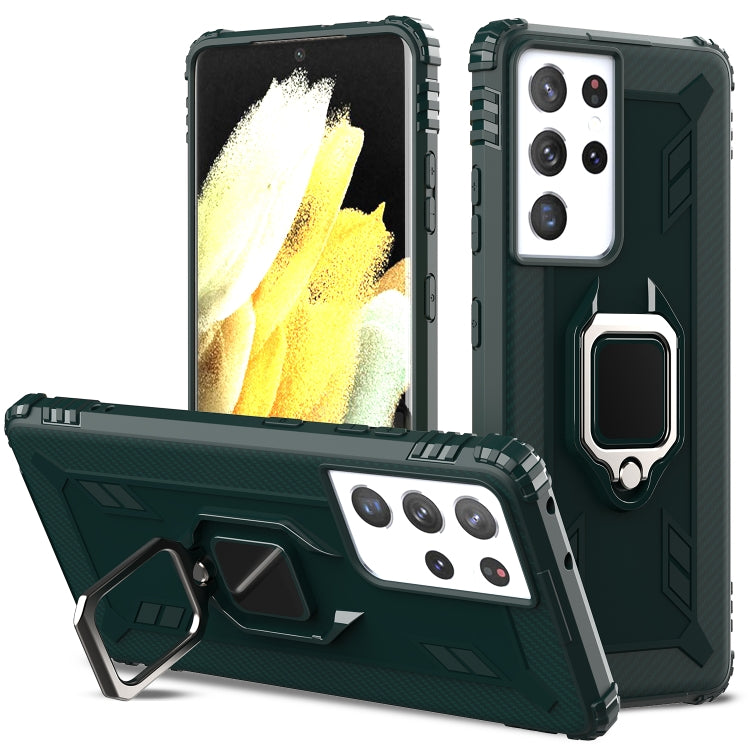 For Samsung Galaxy S21 Ultra 5G Carbon Fiber Protective Case with 360 Degree Rotating Ring Holder