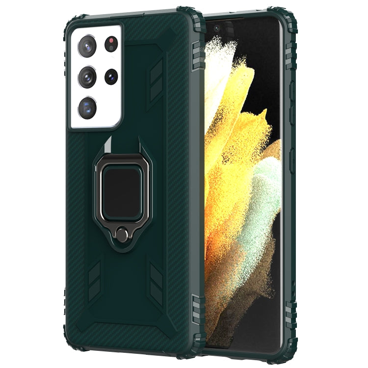 For Samsung Galaxy S21 Ultra 5G Carbon Fiber Protective Case with 360 Degree Rotating Ring Holder