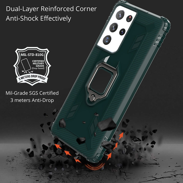 For Samsung Galaxy S21 Ultra 5G Carbon Fiber Protective Case with 360 Degree Rotating Ring Holder