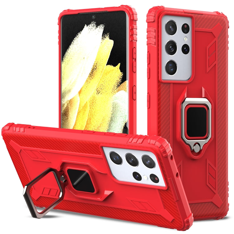 For Samsung Galaxy S21 Ultra 5G Carbon Fiber Protective Case with 360 Degree Rotating Ring Holder