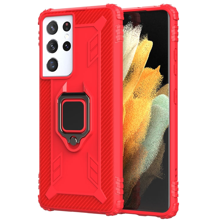 For Samsung Galaxy S21 Ultra 5G Carbon Fiber Protective Case with 360 Degree Rotating Ring Holder