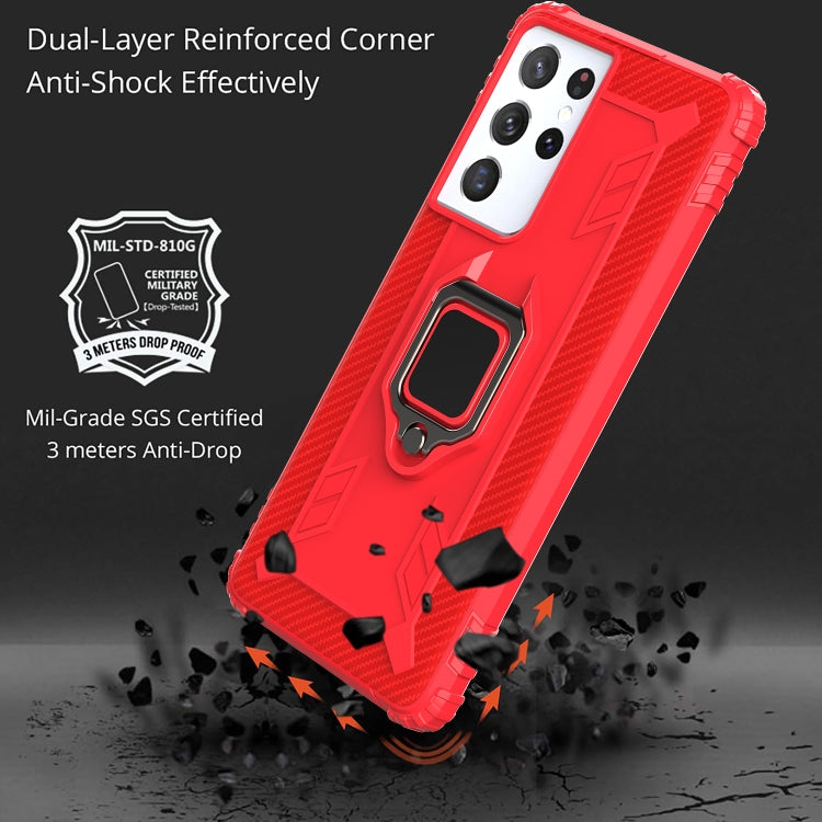 For Samsung Galaxy S21 Ultra 5G Carbon Fiber Protective Case with 360 Degree Rotating Ring Holder