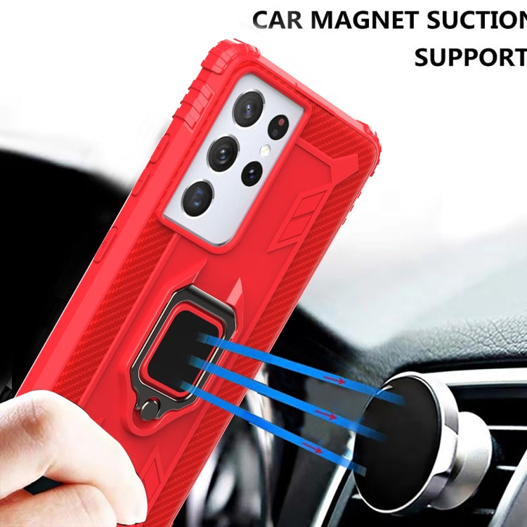 For Samsung Galaxy S21 Ultra 5G Carbon Fiber Protective Case with 360 Degree Rotating Ring Holder