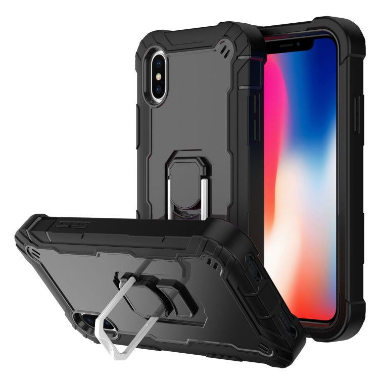For iPhone X / XS PC + Rubber 3-layers Shockproof Protective Case with Rotating Holder