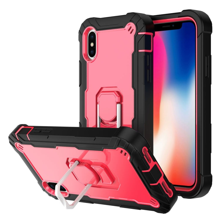 For iPhone X / XS PC + Rubber 3-layers Shockproof Protective Case with Rotating Holder