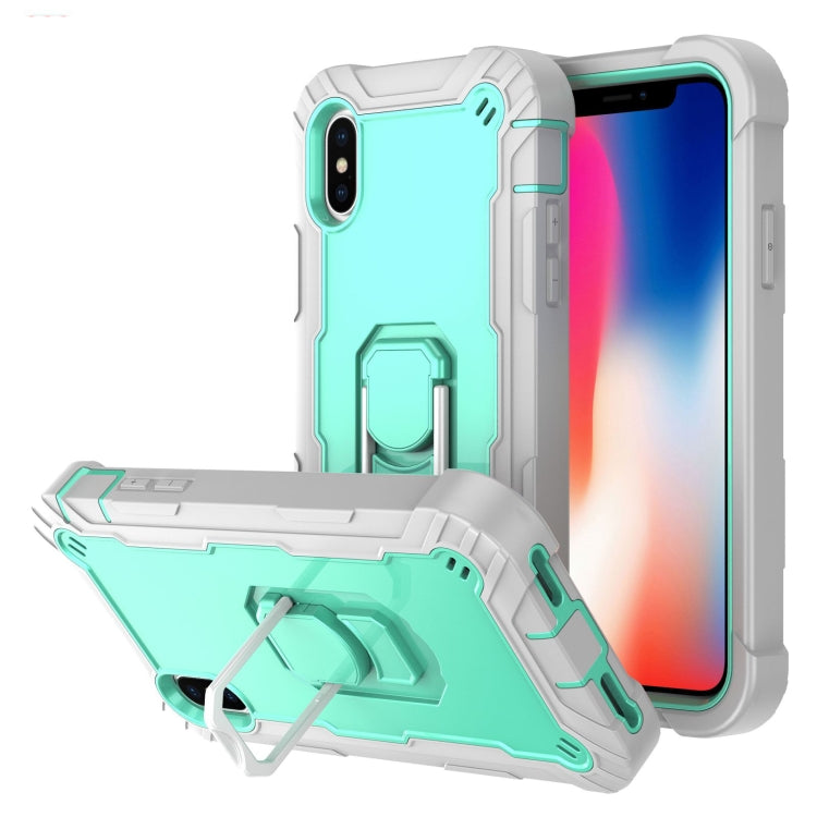 For iPhone X / XS PC + Rubber 3-layers Shockproof Protective Case with Rotating Holder