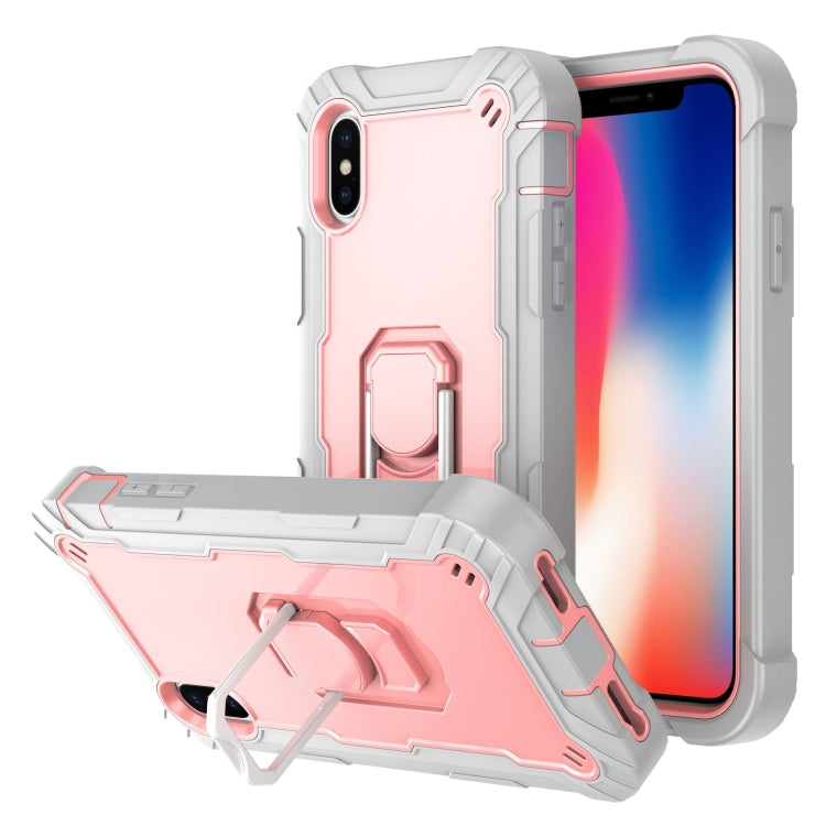 For iPhone X / XS PC + Rubber 3-layers Shockproof Protective Case with Rotating Holder
