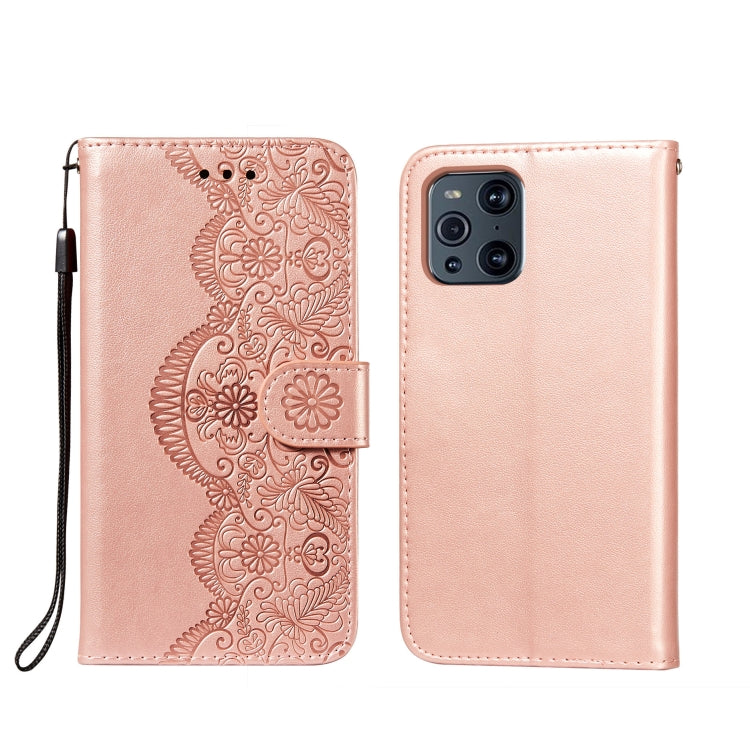 For OPPO Find X3 / X3 Pro Flower Vine Embossing Pattern Horizontal Flip Leather Case with Card Slot & Holder & Wallet & Lanyard