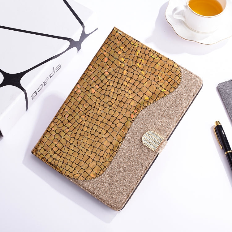Laser Glitter Stitching Crocodile Texture Horizontal Flip Leather Case with Storage Grid & Holder For iPad Air (2020)