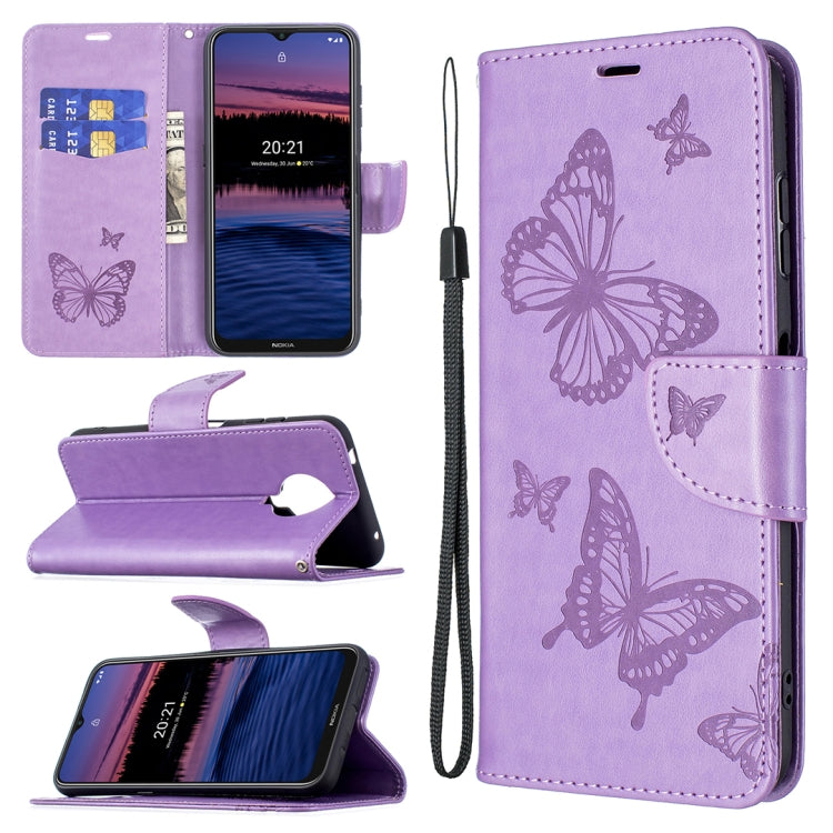 For Nokia G20 / G10 Embossing Two Butterflies Pattern Horizontal Flip PU Leather Case with Holder & Card Slot & Wallet & Lanyard
