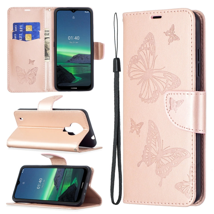 For Nokia 1.4 Embossing Two Butterflies Pattern Horizontal Flip PU Leather Case with Holder & Card Slot & Wallet & Lanyard