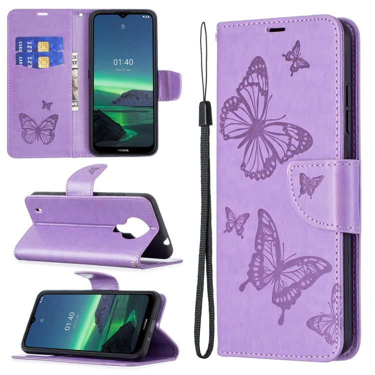 For Nokia 1.4 Embossing Two Butterflies Pattern Horizontal Flip PU Leather Case with Holder & Card Slot & Wallet & Lanyard