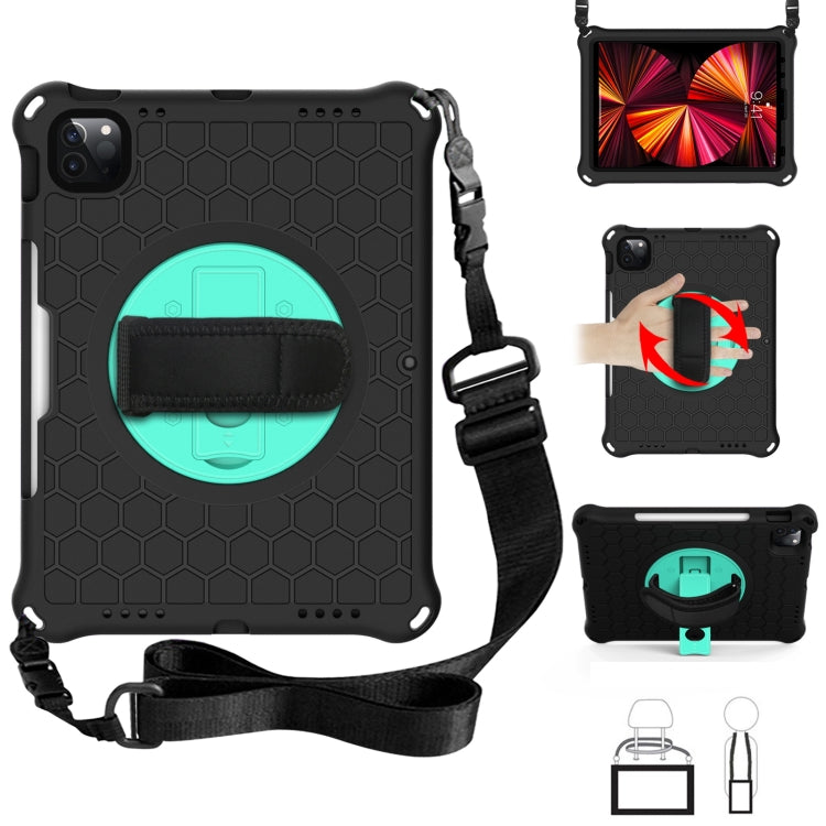 For iPad Pro 11 2022 / 2021 / 2020 / 2018 360 Degree Rotation Honeycomb Shockproof Silicone PC Protective Tablet Case with Holder & Shoulder Strap & Hand Strap
