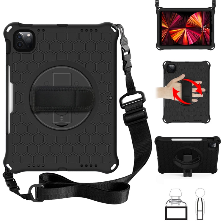 For iPad Pro 11 2022 / 2021 / 2020 / 2018 360 Degree Rotation Honeycomb Shockproof Silicone PC Protective Tablet Case with Holder & Shoulder Strap & Hand Strap