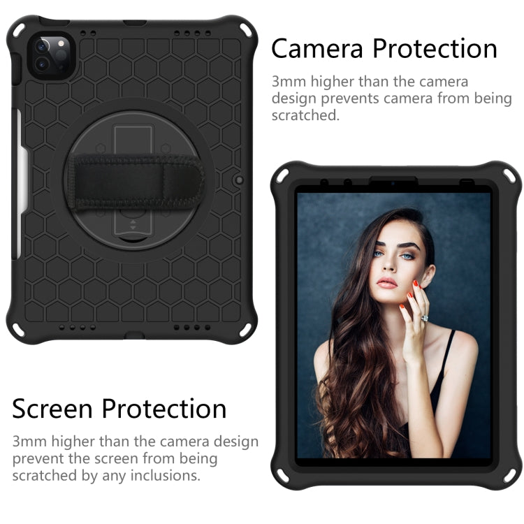 For iPad Pro 11 2022 / 2021 / 2020 / 2018 360 Degree Rotation Honeycomb Shockproof Silicone PC Protective Tablet Case with Holder & Shoulder Strap & Hand Strap