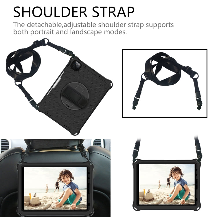 For iPad Pro 11 2022 / 2021 / 2020 / 2018 360 Degree Rotation Honeycomb Shockproof Silicone PC Protective Tablet Case with Holder & Shoulder Strap & Hand Strap