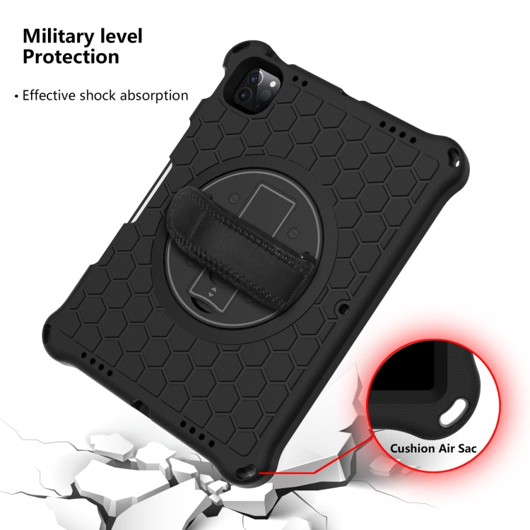 For iPad Pro 11 2022 / 2021 / 2020 / 2018 360 Degree Rotation Honeycomb Shockproof Silicone PC Protective Tablet Case with Holder & Shoulder Strap & Hand Strap