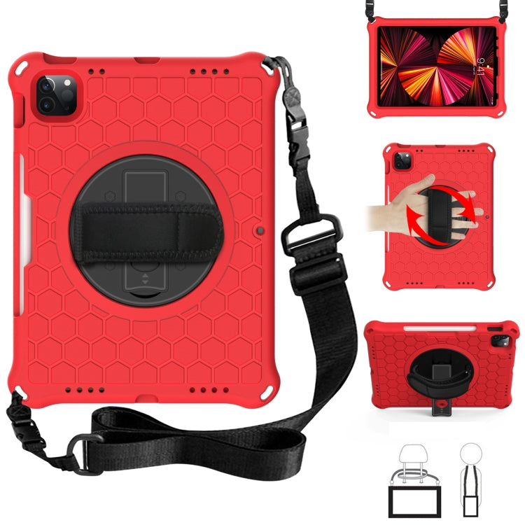 For iPad Pro 11 2022 / 2021 / 2020 / 2018 360 Degree Rotation Honeycomb Shockproof Silicone PC Protective Tablet Case with Holder & Shoulder Strap & Hand Strap
