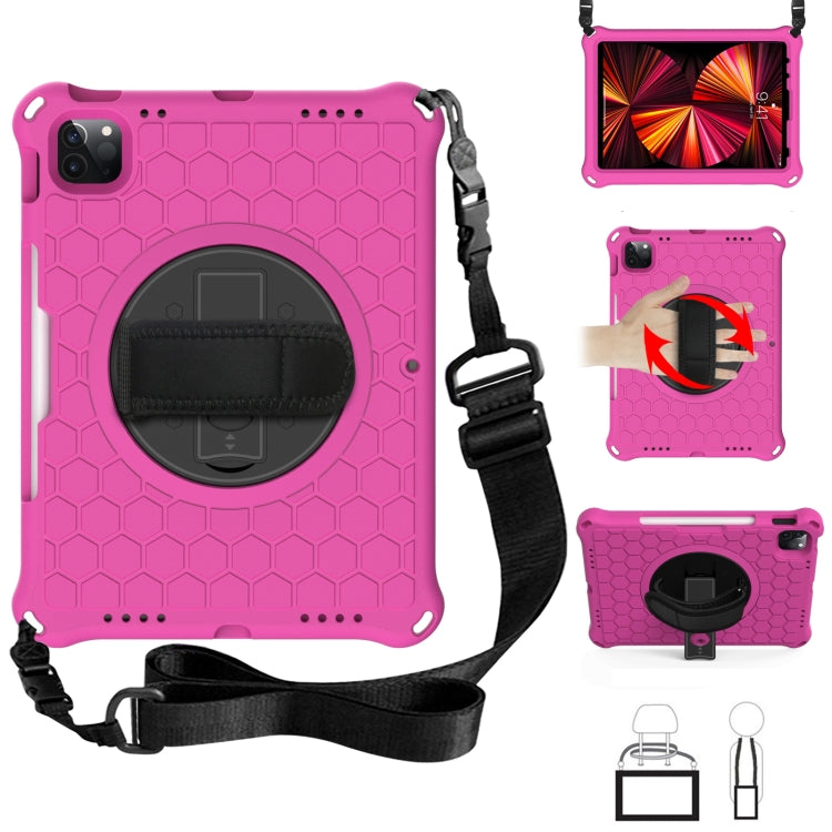 For iPad Pro 11 2022 / 2021 / 2020 / 2018 360 Degree Rotation Honeycomb Shockproof Silicone PC Protective Tablet Case with Holder & Shoulder Strap & Hand Strap