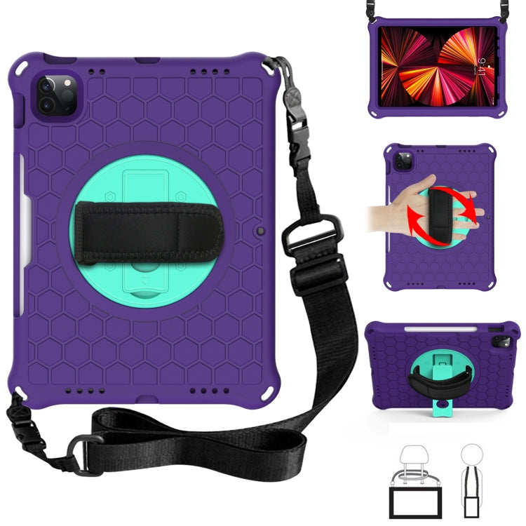 For iPad Pro 11 2022 / 2021 / 2020 / 2018 360 Degree Rotation Honeycomb Shockproof Silicone PC Protective Tablet Case with Holder & Shoulder Strap & Hand Strap