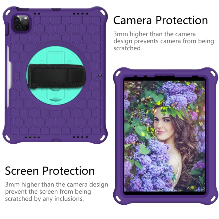 For iPad Pro 11 2022 / 2021 / 2020 / 2018 360 Degree Rotation Honeycomb Shockproof Silicone PC Protective Tablet Case with Holder & Shoulder Strap & Hand Strap